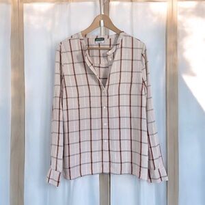 Longchamp- Plaid Button Down Blouse  Neutral Tones Lightweight & Versatie